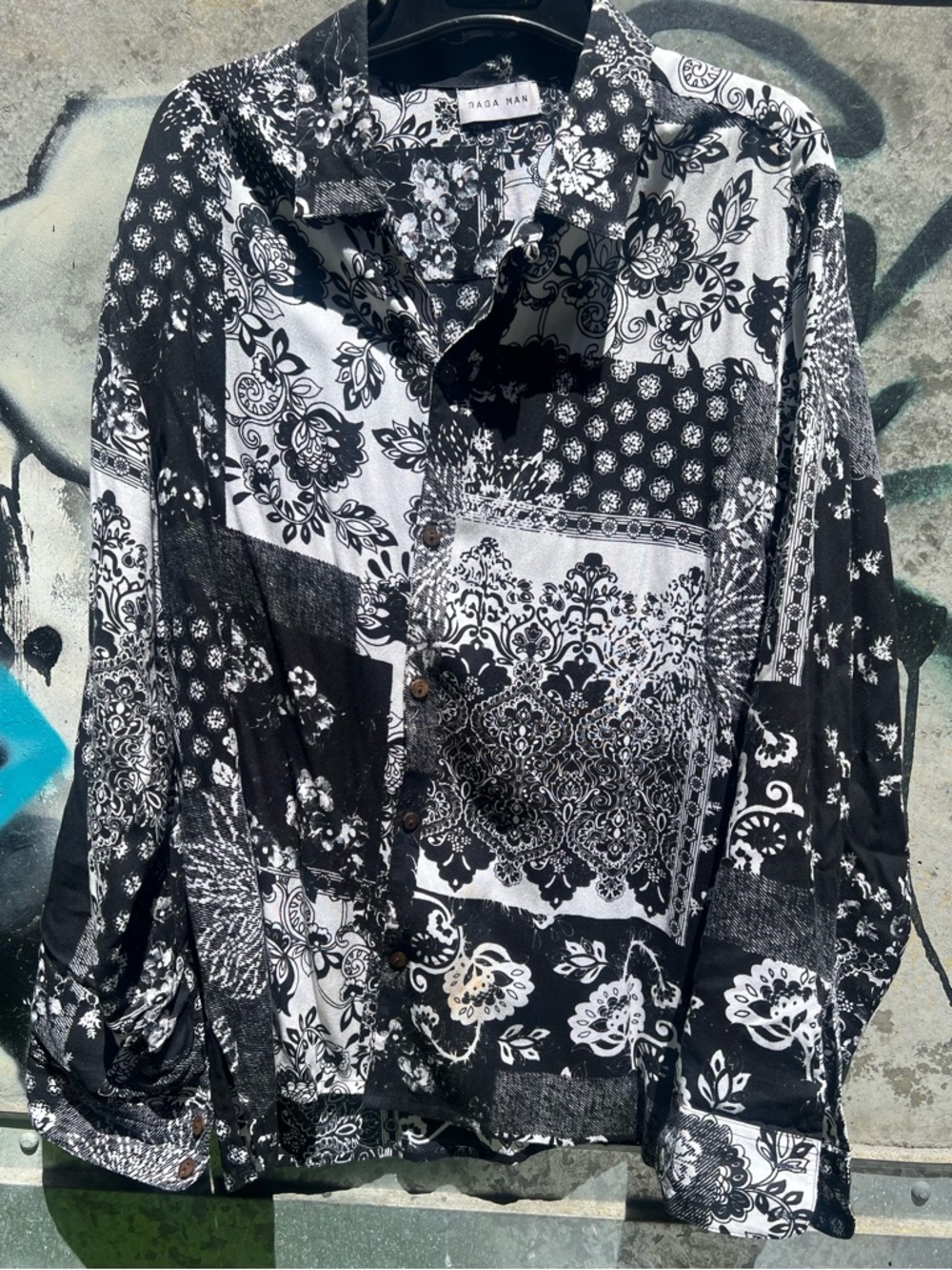 Raga Man b & w Patchwork Button-Up Shirt